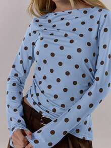 MUSERA Polka Dot Contrast Colour Crewneck Long Sleeve Top Cute Going Out Daily Office School Spring Summer Spring Outfit Easter Casual - Blue - View 6