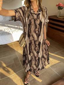 Vivie Lora Vestido midi holgado con estampado floral para mujer - Caqui - Ver 4