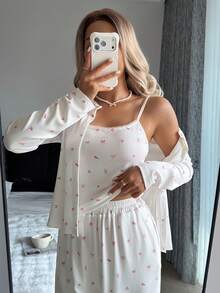 DAZY 3件套甜美碎花全印花开衫、吊带背心和裤子女士睡衣套装 - 白色 - 查看 9