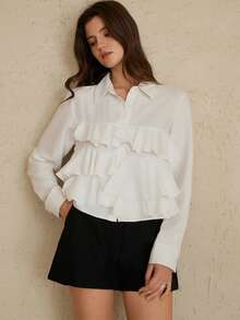 Aveloria Rosie 时尚不对称荷叶边设计白色长袖休闲衬衫 - 白色 - 查看 7