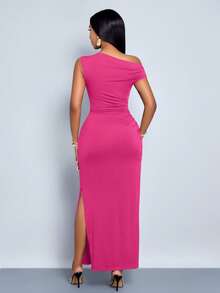 SOLERSUN Women's Spring Summer Solid Color Simple Daily Date Elegant Party Asymmetric Oblique-Shoulder Tight-Fitting Long Dress - Hot Pink - View 2