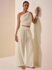 Zivah New Summer New Music Festival, Easter, Mother's Day, Western Style, Nomadic Style, Birthday Party, Graduation Season, Student Wear, Daily Outing, Basic Versatile, Casual, Vacation, Cruise Travel, Beach, Sunbathing, Viral Hit, Elegant, Commute, Business Casual, One-Shoulder, Twist, Asymmetrical Shoulder, Open Back, Cropped Women's Top And Straight Loose Pants, Frill Hem, Pockets, Textured Fabric, White, Women 2 Pieces Set - Apricot - View 6