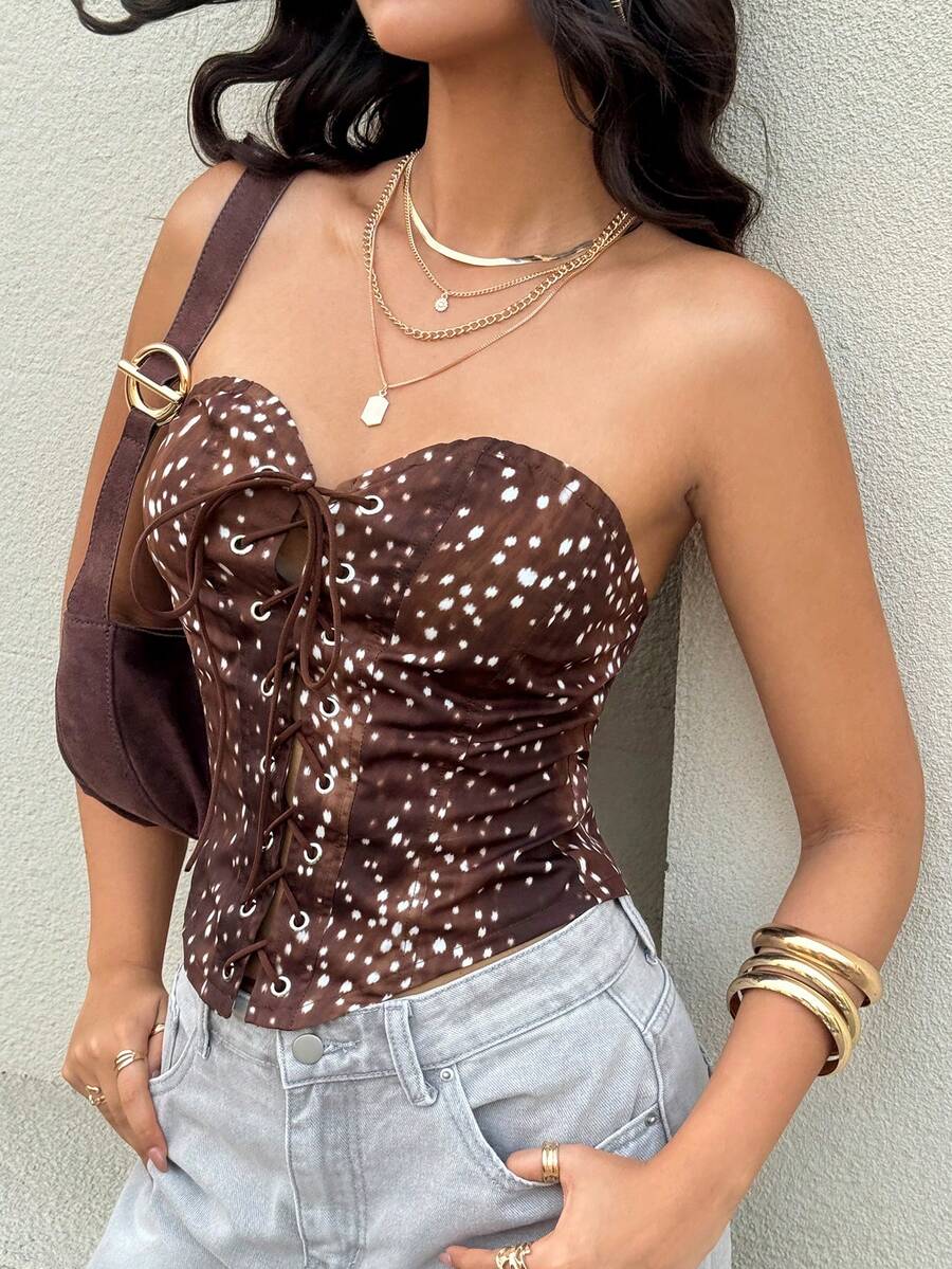 Aidyla 女士梭织数码印花抽绳系带吊带背心，休闲通勤装，春夏款 - 棕色 - 查看 1