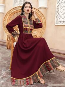 Al Najma Women's Bohemian Style Cutout Neck Patchwork Print Waist Maxi Dress, Suitable For Spring And Autumn - Burgundy - View 4