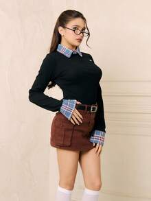 Criza Taa Flap Pocket Cargo Denim Skirt - Coffee Brown - View 4