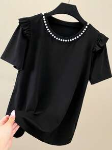 Resyla 女士黑色圆领珍珠装饰荷叶袖宽松休闲经典T恤，春夏款 - 黑色 - 查看 6