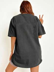 EMERY ROSE 大码女式休闲星月日印花宽松中长短袖圆领T恤 女式超大码T恤 - 深灰色 - 查看 2