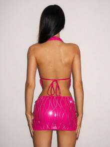 SHEIN ICON 2pcs/Set Fitted Sequin Fringe Draped Neck Crop Top And Bodycon Mini Skirt - Hot Pink - View 2