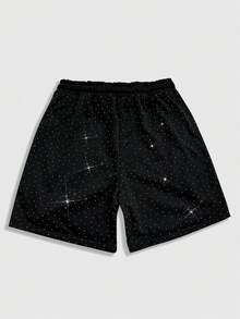 ROMWE MEN Street Life Quần short nam thời trang thường ngày phong cách Y2K, họa tiết chữ cái đính ngọc trai giả, dây rút, thuộc bộ sưu tập Xuân/Hè 2026. - màu đen - Xem 2
