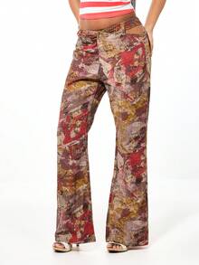 SUMWON WOMEN 女士高腰喇叭抽象图案镂空腰部细节印花牛仔裤复古时尚喇叭裤 - 彩色 - 查看 1