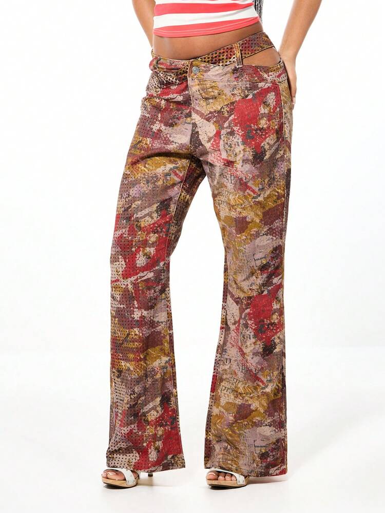 SUMWON Pantalones de mezclilla con estampado abstracto, cintura con detalle de recorte y campana, estilo retro de moda para mujer