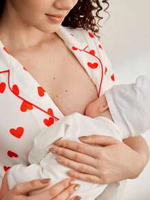 Comfortable, Casual, Homewear, Soft, Heart Design Maternity Pajama Set - Multicolor - View 6