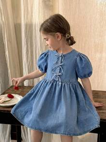 LMoss Kids 女童蓝色牛仔泡泡袖蝴蝶结连衣裙 - 淺色水洗藍 - 查看 1