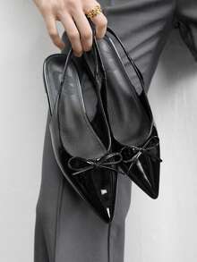 CUCCOO BIZCHIC Zapatos planos para mujer, mulas con punta puntiaguda de charol negro y lazo, diseño con tira trasera, textura suave, zapatos elegantes de oficina - Negro - Ver 5