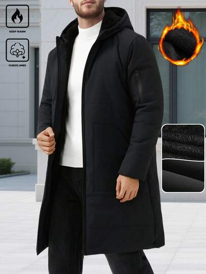 Manfinity Homme Men's Solid Color Minimalist Casual Hooded Long Sleeve Thermal Lined Winter Coat , Fall