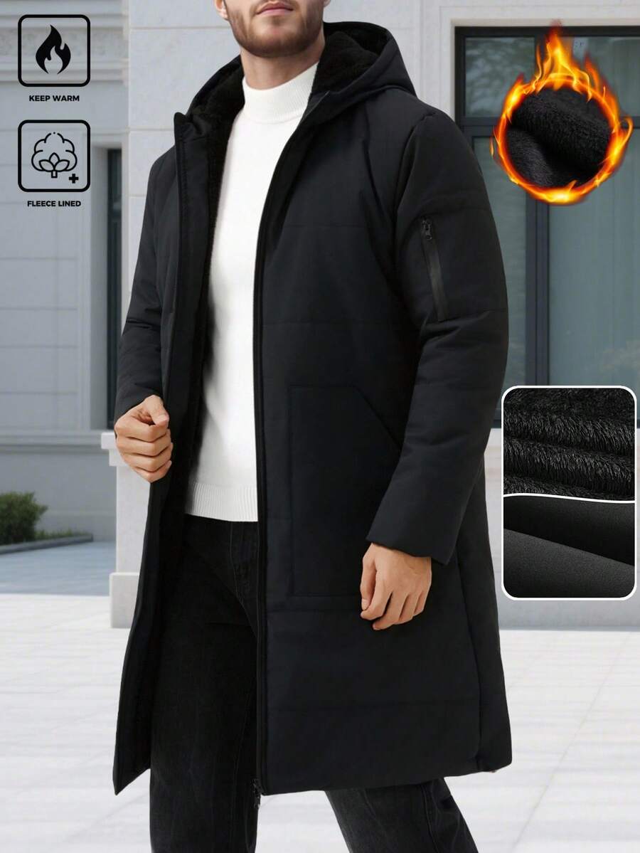 Manfinity Homme Men's Solid Color Minimalist Casual Hooded Long Sleeve Thermal Lined Winter Coat , Fall