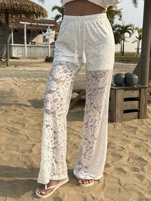 Livesso 女士休闲沙滩度假风抽绳腰带透视蕾丝阔腿裤 - 白色 - 查看 4