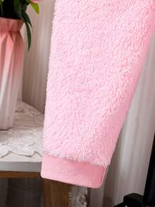 女童兔子图案毛绒睡衣套装，长袖上衣和裤子，甜美时尚，适合秋冬季穿着 - 粉色 - 查看 5