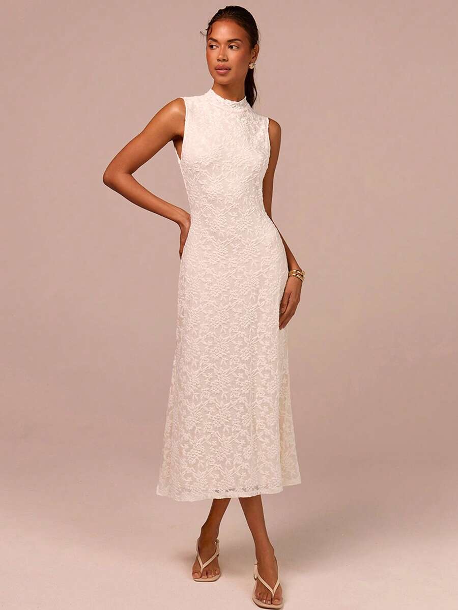 COSMINA 女士优雅蕾丝针织提花无袖长款连衣裙，杏色提花长裙，质感面料休闲度假约会连衣裙，简约纯色浪漫长款连衣裙 - 杏色 - 查看 1