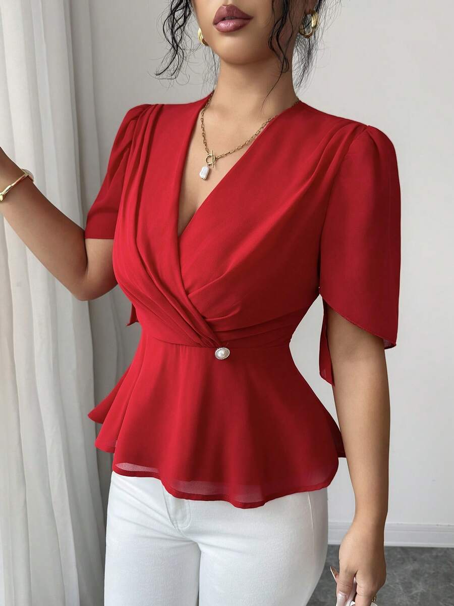 Rafferiza Áo kiểu dáng thanh lịch cổ chữ V, tay phồng, chất liệu chiffon đỏ, ôm sát eo, thiết kế độc đáo, phong cách vintage dành cho nữ. - Đỏ - Xem 1