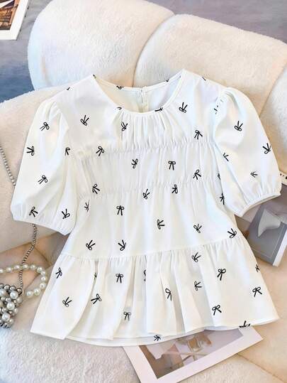 GlowEve CURVE 大码女式优雅休闲通勤蝴蝶印花衬衫，泡泡袖圆领短袖，适合日常通勤、外出和休闲穿着