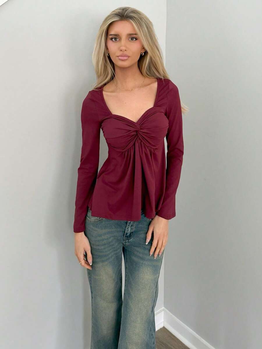 Sydney Algeri 女士休闲扭纹前V领长袖T恤，百搭新款，春秋季 - 酒紅色 - 查看 1