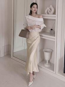 DAZY Chân váy đuôi cá cạp cao bằng vải satin, chân váy ôm sát thanh lịch dành cho nữ mùa hè - Màu be - Xem 3