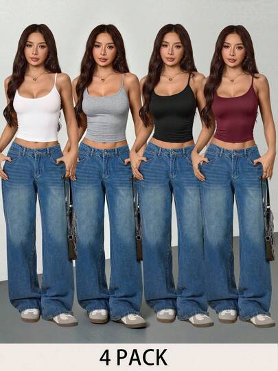 SHEIN PETITE 4 sztuki obcisłych, skróconych, swobodnych topów damskich na ramiączkach, idealnych na letni powrót do szkoły