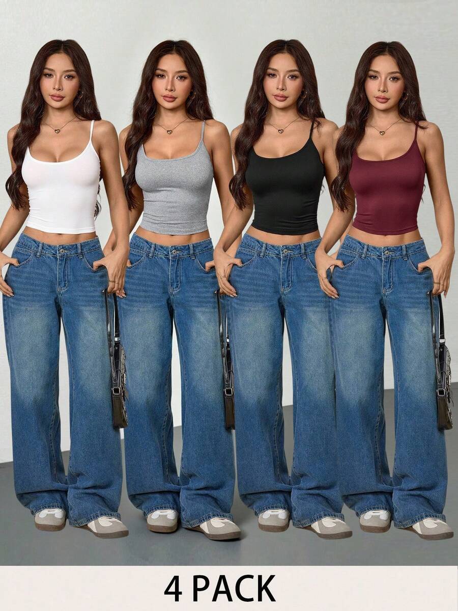 SHEIN PETITE 4件装女士紧身露脐休闲吊带背心，适合夏季返校季穿着
