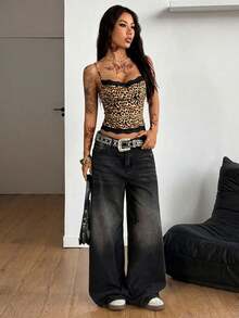 Coolane 女士四季街头风 Y2K 辣妹日常穿搭基础款豹纹撞色蕾丝蝴蝶结修身背心 - 棕色 - 查看 6