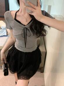 DAZY 女士二合一露背系带蝴蝶结短袖T恤 - 灰色 - 查看 2