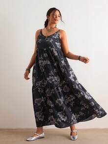 SHEIN VCAY Đầm không tay màu xám họa tiết vintage phong cách Bohemian mùa xuân/hè mới, chân váy dài xòe rộng phối nhiều mảnh vải, kiểu dáng retro phù hợp cho công sở và kỳ nghỉ, ôm dáng đến mắt cá chân. - Màu xám đen - Xem 4
