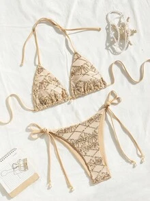 Costavie Swim Basics 两件套闪亮纹理面料珍珠装饰挂脖三角上衣和侧系带比基尼泳裤性感套装，春夏海滩度假 - 杏色 - 查看 5