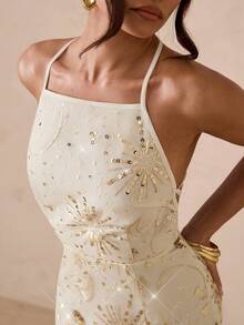 SHEIN Glamour 亮片面料设计，时尚露背剪裁，性感优雅，收腰设计，引人注目的春夏连衣裙 - 米色 - 查看 6