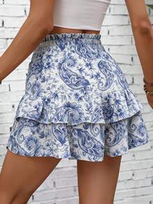 SHEIN Holidaya 女士腰带仿亚麻波西米亚风印花双层荷叶边裙裤 - 藍白色 - 查看 2