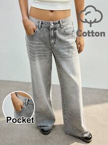 Maija 女士纯色口袋休闲直筒牛仔裤 - 淺灰色 - 查看 3