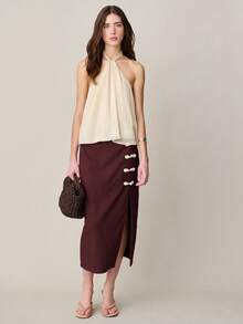 Nöista Áo hai dây cổ yếm kẻ sọc màu vàng, trắng và xám nhạt, kiểu dáng rộng rãi với nút thắt phía trước. - Hồng - Xem 5