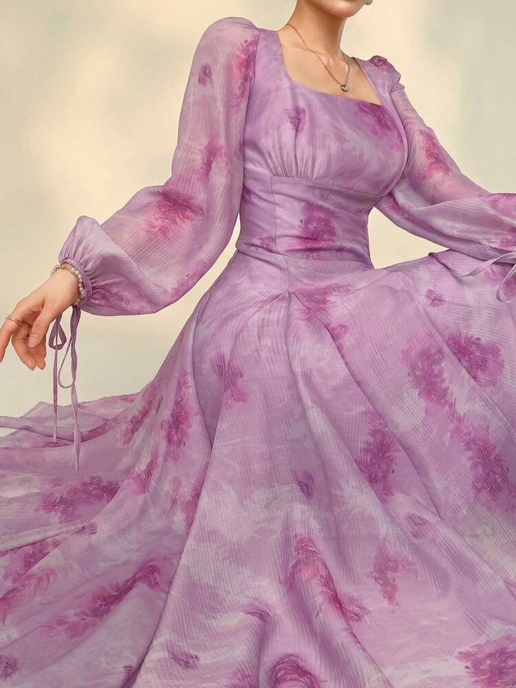Women's Elegant Floral Print Square Neck Puff Sleeve Midi Dress, Summer,Wedding Guest Dress Women Sundress