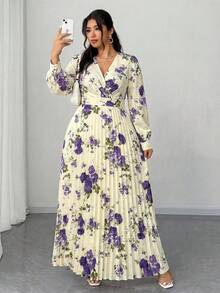 Elenzga 大码女式春夏度假、优雅浪漫派对、婚礼宾客碎花长袖V领褶皱飘逸长裙 - 彩色 - 查看 1