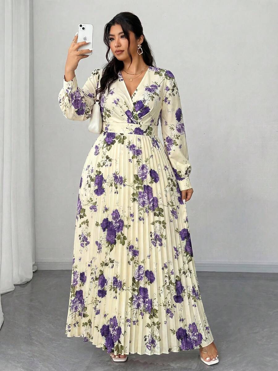 Elenzga 大码女式春夏度假、优雅浪漫派对、婚礼宾客碎花长袖V领褶皱飘逸长裙 - 彩色 - 查看 1