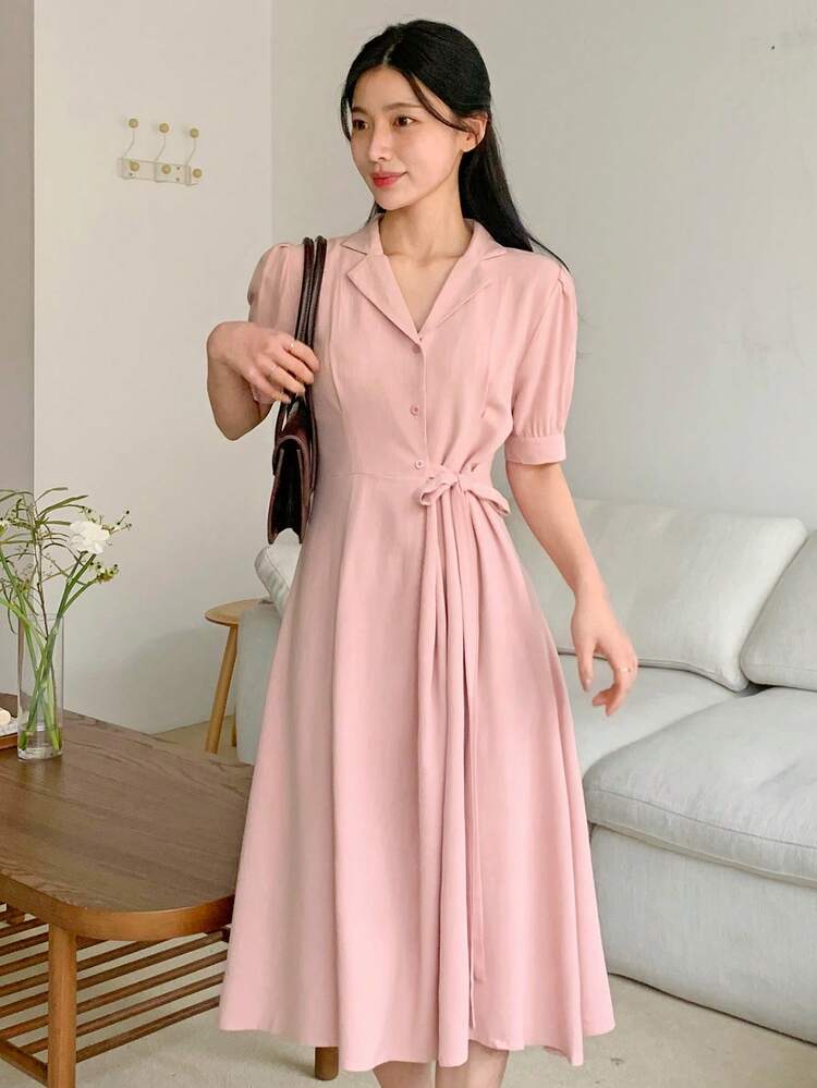Women's Turndown Collar Ruched Midi Dress Sundress