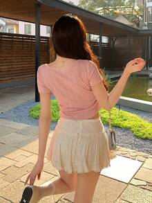 DAZY Áo thun nữ mùa hè cổ tròn, tay ngắn, thắt nơ phía trước, chất liệu vải dệt họa tiết, kiểu dáng casual. - Hồng - Xem 4