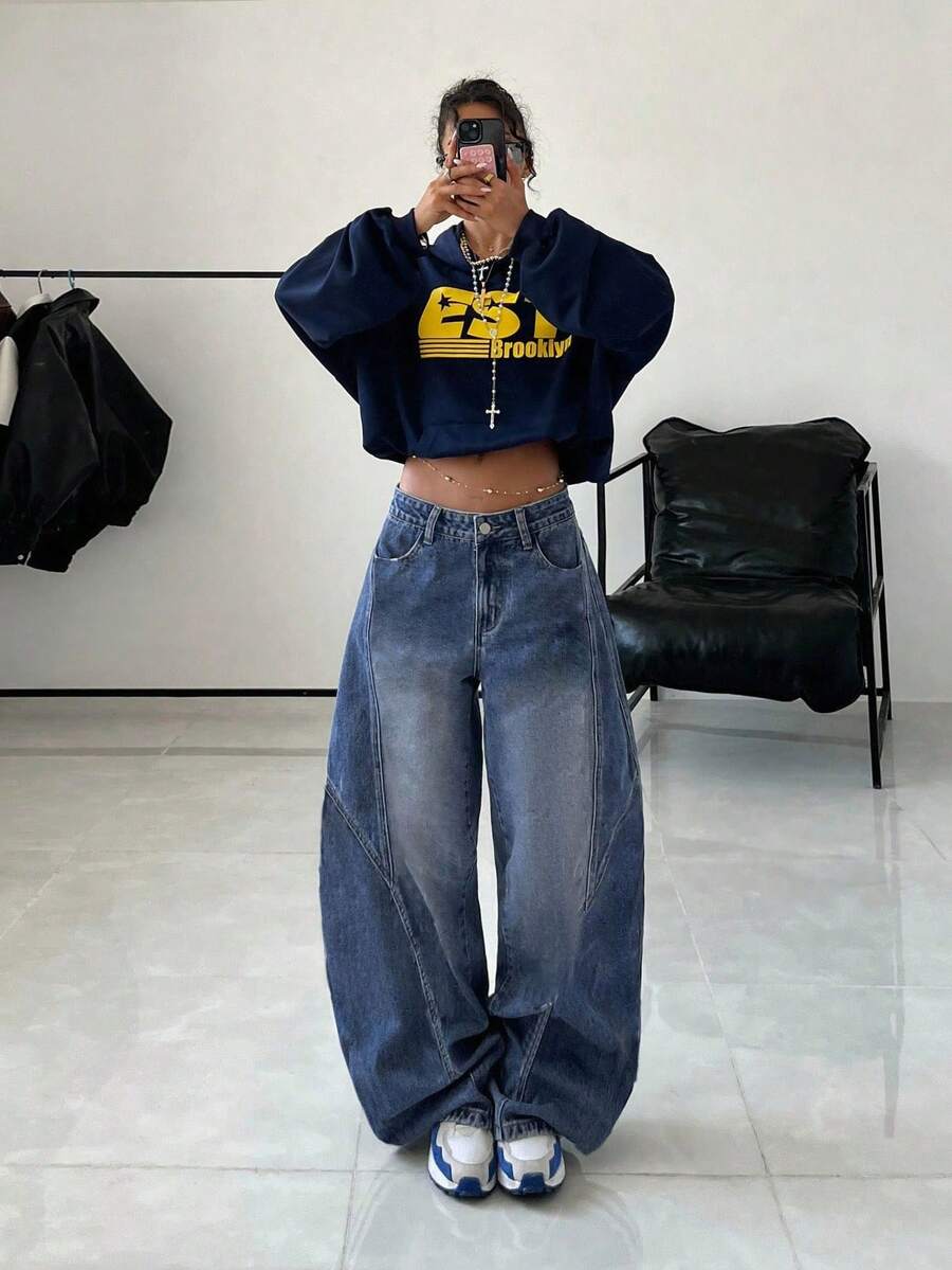 StreetHx Women's Low Waist Button Loose Fashion Jeans, Suitable For Daily Wear - Blue - View 1