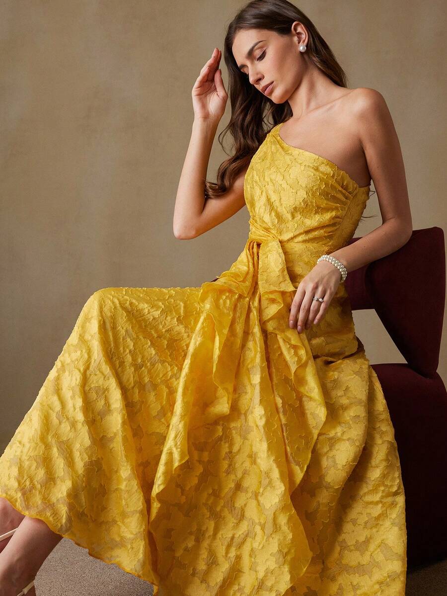 BELROSIE Sweet Vacation Style Asymmetric Shoulder Pleated Ruffle Trim Sleeveless Dress - Yellow - View 1