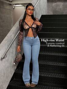 SHEIN Tall 女士休闲百搭中腰修身喇叭牛仔裤，带口袋 - 淺色水洗藍 - 查看 3