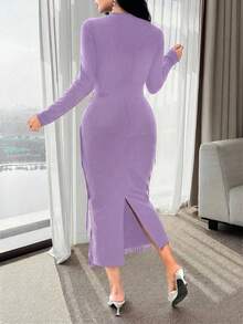 Modelyn 优雅纯色流苏修身连衣裙，适合女性 - 紫色 - 查看 6