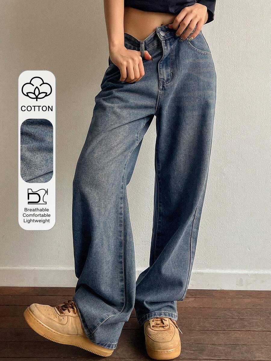 DAZY Loose Long Vintage Washed Blue Wide Leg Jeans For Women - Blue - View 1
