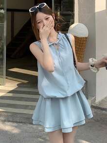 DAZY 女士夏季荷叶边领抽绳系腰短款休闲连衣裙 - 淺藍色 - 查看 7