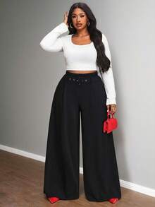 Truni 加大码女式黑色阔腿裤（含腰带），适合春季穿着，梨形身材，2026新年黑色长裤，适合梨形和三角形身材 - 黑色 - 查看 5