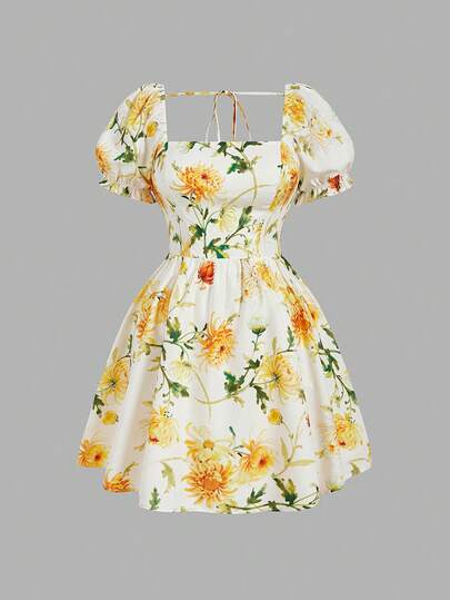 SHEIN MOD Đầm ngắn cổ vuông in hoa vintage cỡ lớn, thích hợp cho kỳ nghỉ và dã ngoại, mùa xuân/hè.